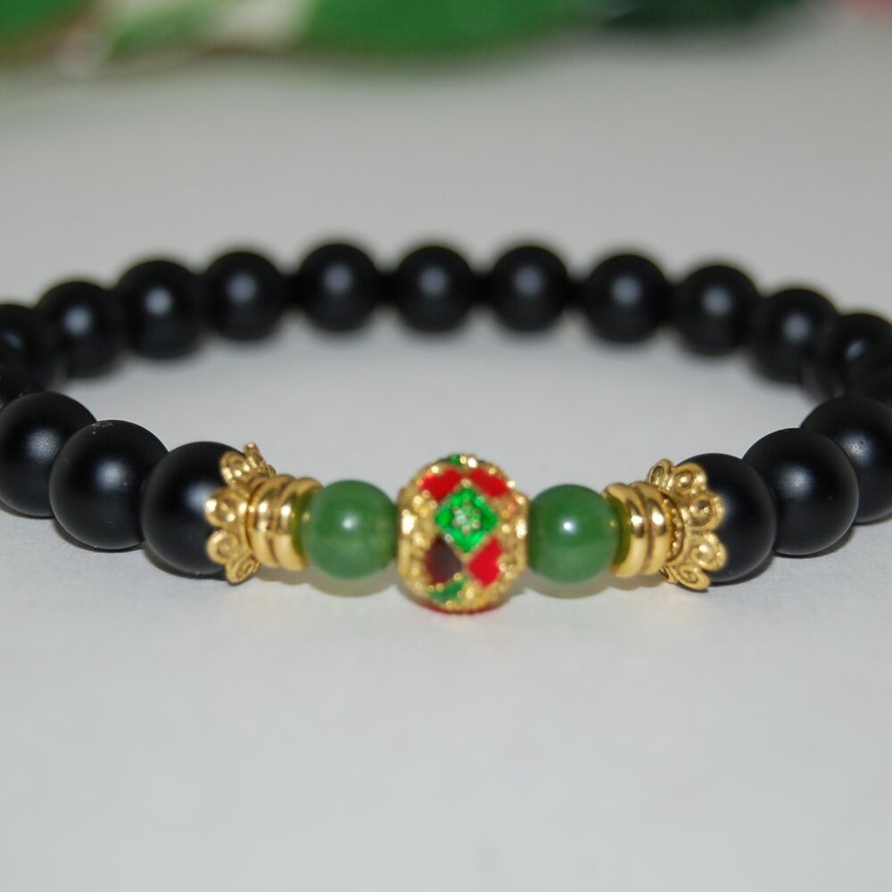 Black Onyx Bracelet,Indian Colorful Metal Golden Charm,2 Jade Beads